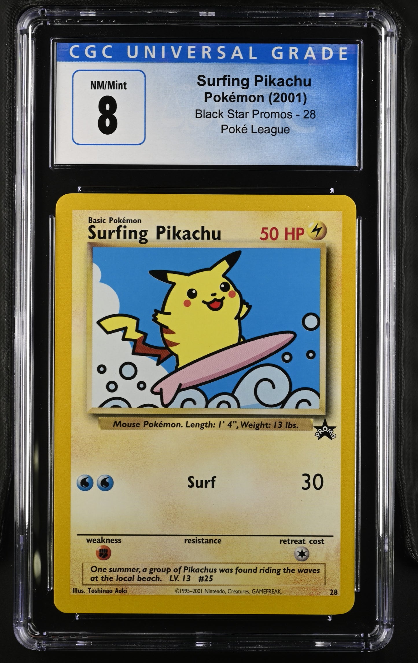 SURFING PIKACHU - POKEMON (2001) - BLACK STAR PROMOS - 28 - POKE LEAGUE - CGC NM/MINT 8